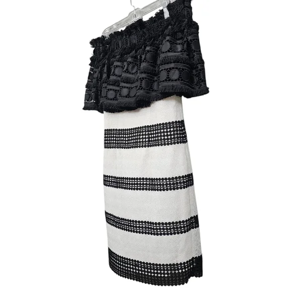 Nwot Badgley Mischka Black/White Off Shoulder Fringed Shortsleeve Ruffle Dress - Picture 13 of 17